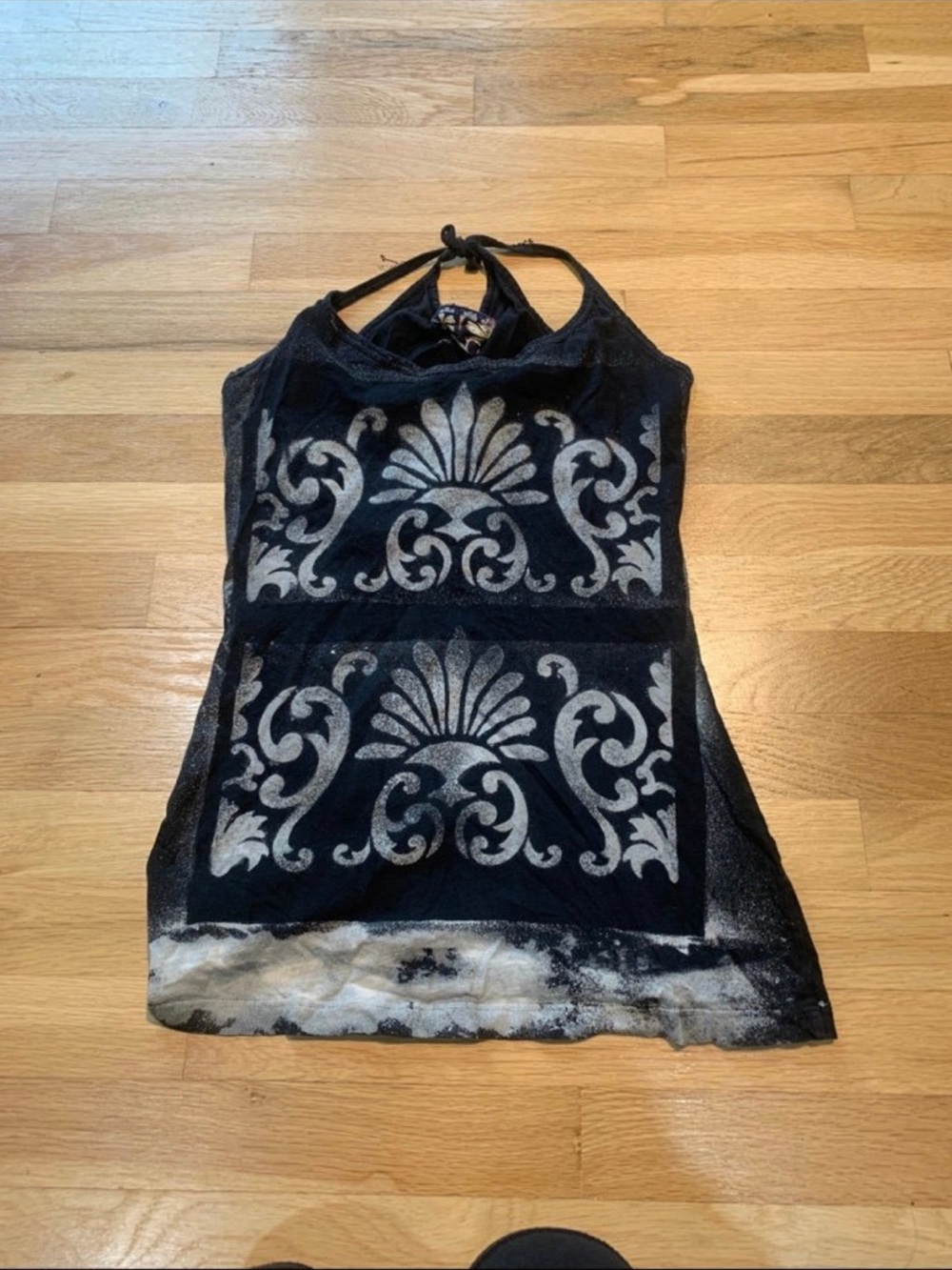 Black Halter Tank Top with Silver Baroque Print